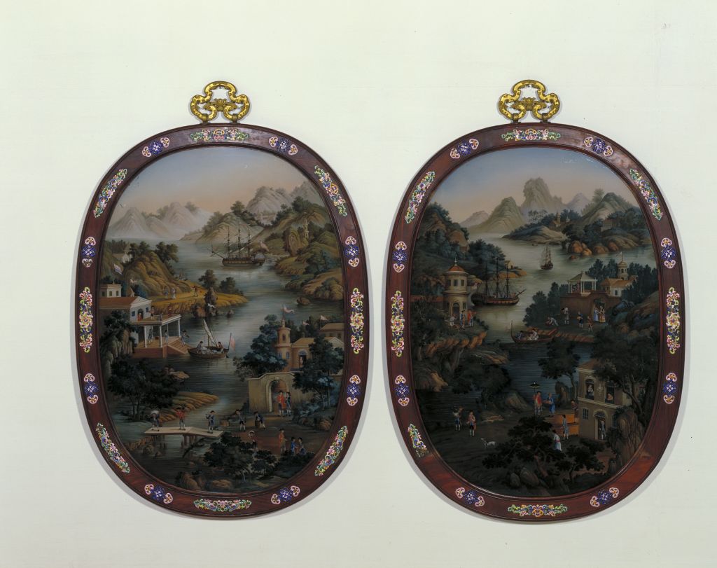 图片[1]-Glass hanging screen with yellow pear wood edge inlay painting-China Archive